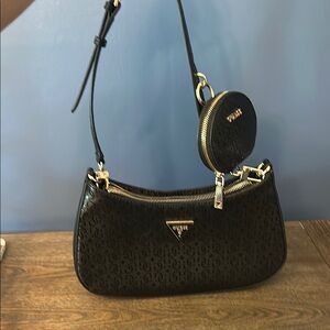 Guess Embossed Black Shoulder Bag with Coin Pouch